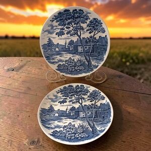 2 Holmar English Village Dinner Plates Transferware Japan Blue White Vintage